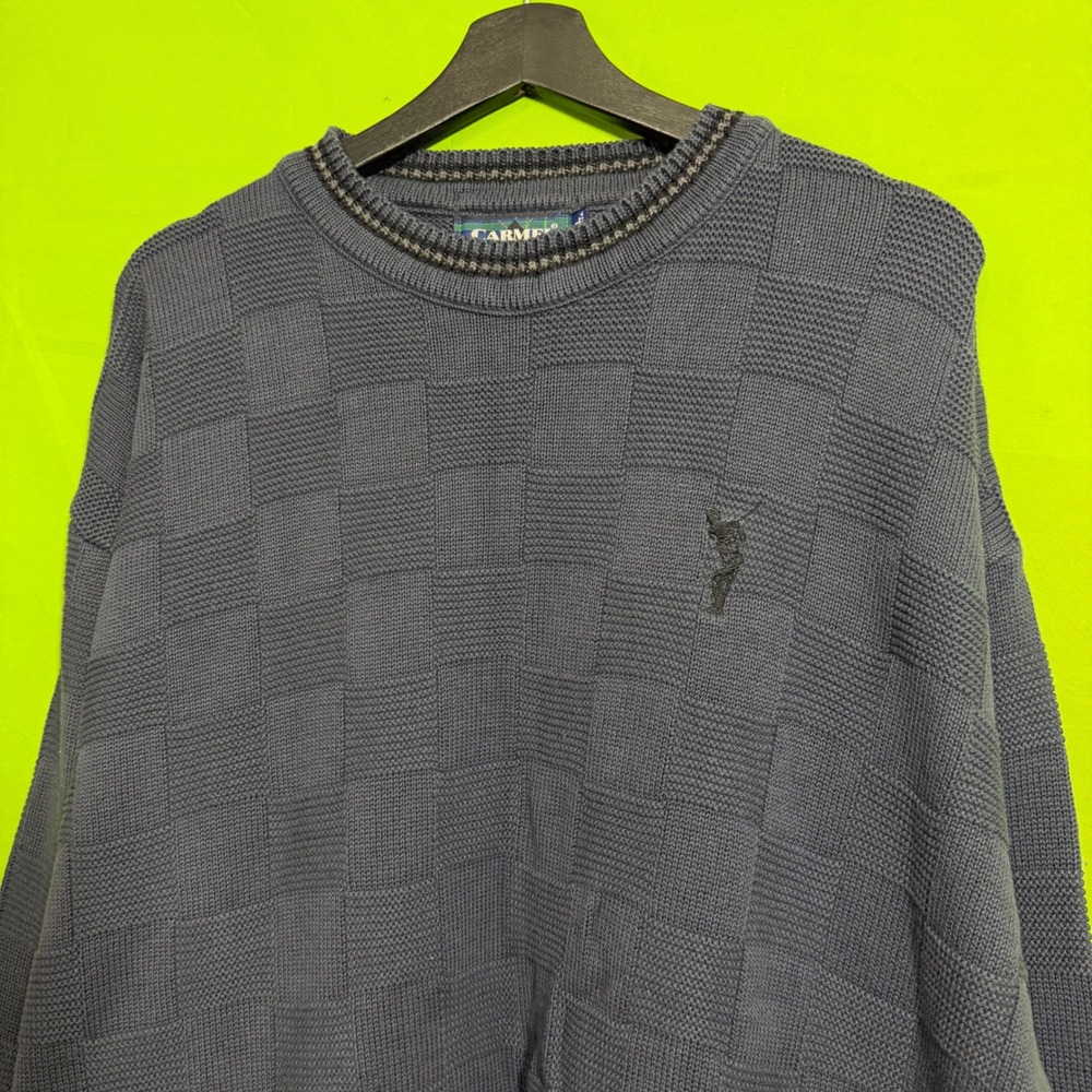 Carmel Golf Sweater Mens XXL Blue Checkerboard Knit Crewneck 90s USA Vintage